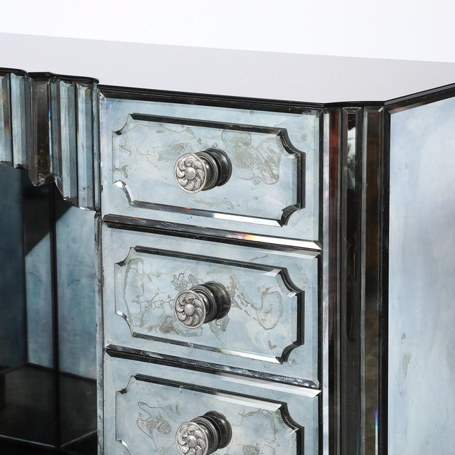 Metal Art Deco Smoked Beveled Mirrored Vanity With Silvered Bronze Pulls For Sale - Image 7 of 16