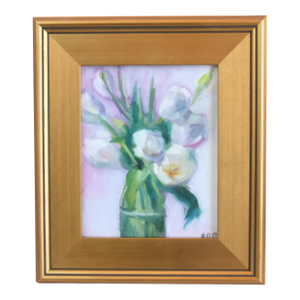 Impressionist Bouquet of Pastel Flowers Floral Painting Including the Antiqued Gold Wood Frame