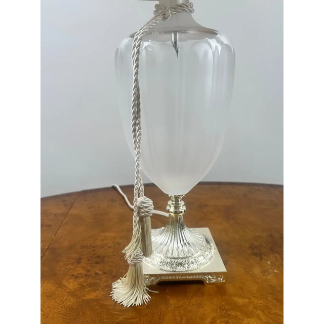 Vintage Neoclassical Style Frosted Glass Urn Table Lamps, Silver Base, a Pair For Sale - Image 12 of 13