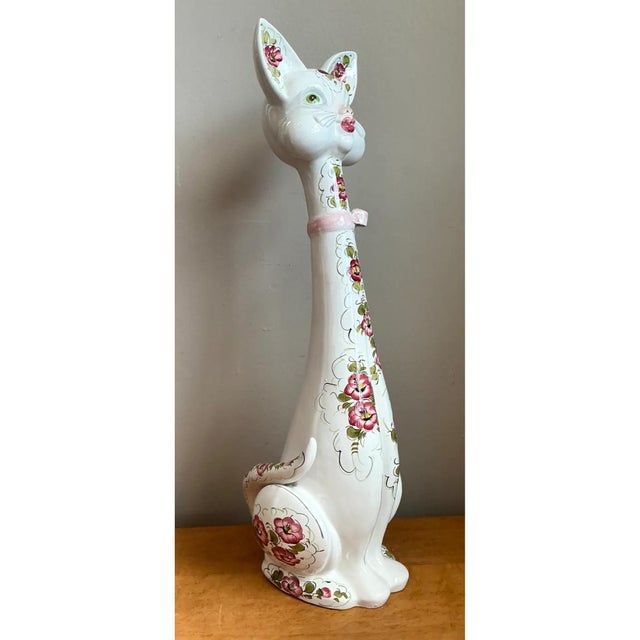 Modern Vintage Italian Floral Hand-Painted Ceramic Cat For Sale - Image 3 of 12