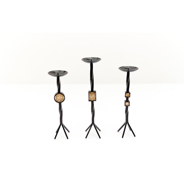 Mid-Century Modern Handmade Iron and Brass Candleholders, 1950s, Set of 3 For Sale - Image 4 of 8