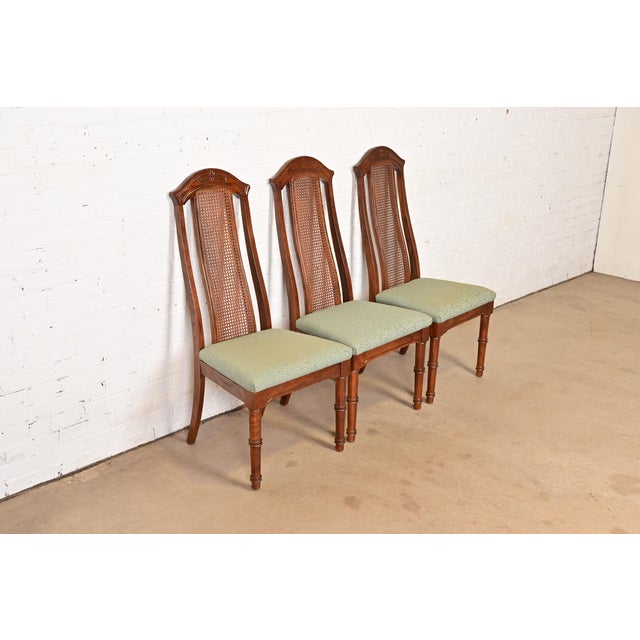 Baker Furniture Company Henredon Style Mid-Century Hollywood Regency Carved Oak and Cane Bamboo Form High Back Side Chairs or Dining Chairs, Set of Three For Sale - Image 4 of 12