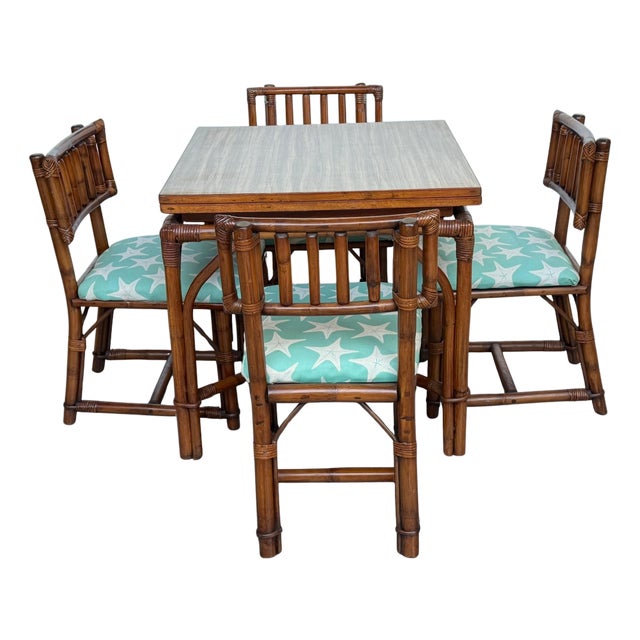 Ficks Reed Expandable Bamboo Game & Dining Table with 4 Matching Chairs, C. 1960 For Sale