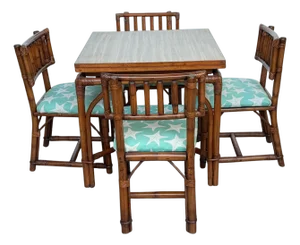 Ficks Reed Expandable Bamboo Game & Dining Table with 4 Matching Chairs, C. 1960
