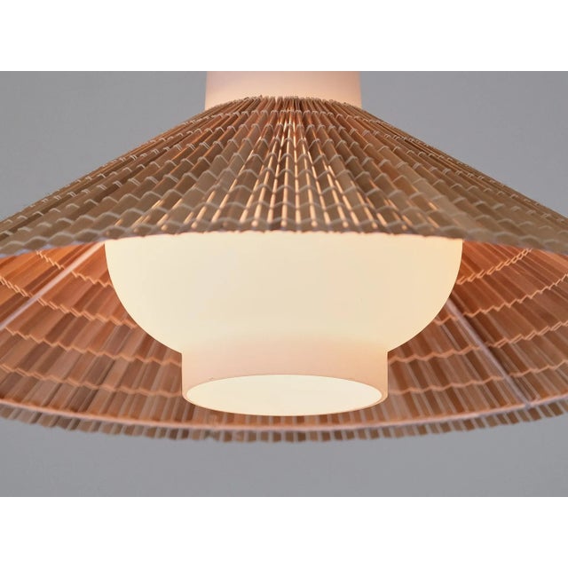 Brown Pendant in Opal Glass, Lamellar Aspen Wood and Brass by Paavo Tynell for Idman, 1950s For Sale - Image 8 of 11