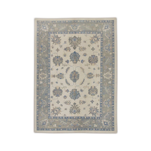 Textile Blue Floral Design Handwoven Wool Turkish Oushak Rug 8'11" X 12'3" For Sale - Image 7 of 7