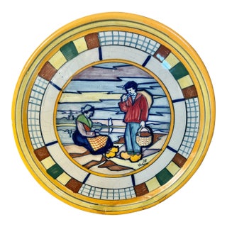 Hb Quimper Folk Art Charger Plate French Farmhouse Breton Couple 1860s Early Repair For Sale