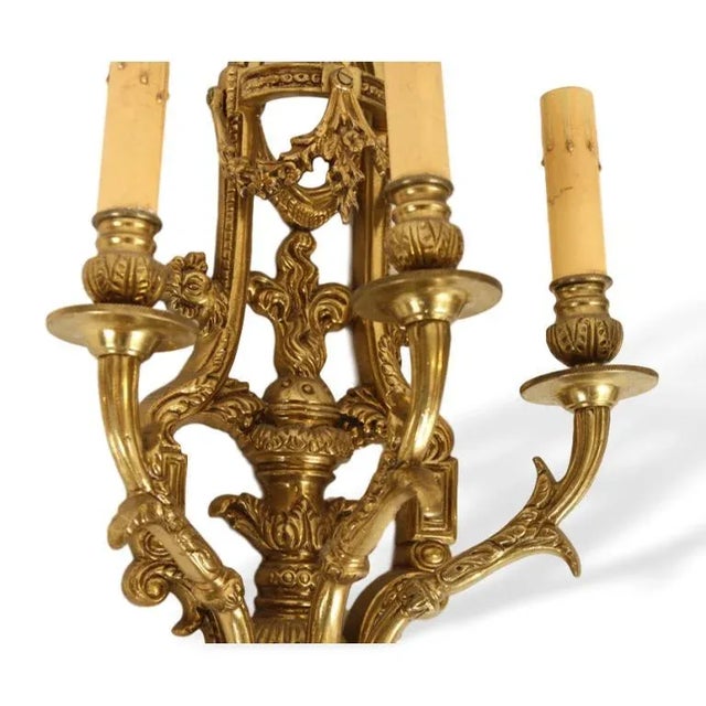 1910s Neoclassical Style Bronze Three Arm Wall Sconce Lights- A Pair For Sale - Image 4 of 6