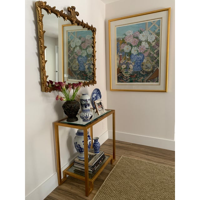 Late 20th Century Vintage Gold Leaf Double Shelf Glass Console Table For Sale - Image 11 of 12