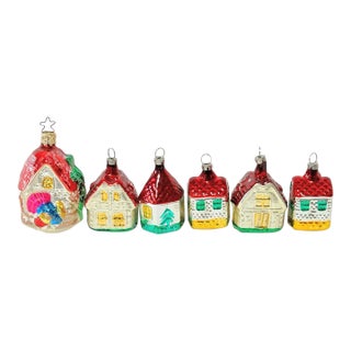 1950s Cottage House Glass Christmas Ornaments Hand Painted Czech & Germany - A Set of 6 For Sale