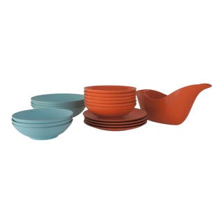 Rayalon Melamac Orange & Baby Blue Dinnerware Set - 18 Pieces For Sale