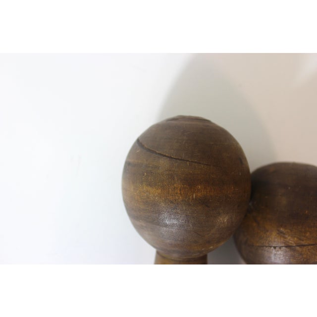 Vintage Wood Hand Weights or Dumbbells Set of Two Sports Equipment Memorabilia Dumb Bells For Sale - Image 6 of 12
