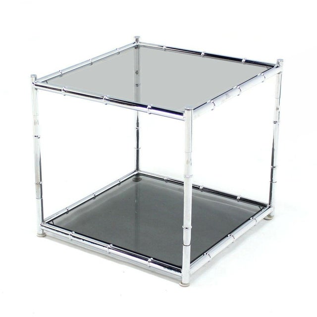 Mid 20th Century Pair of Cube Shape Chrome Faux Bamboo Frame End Tables Smoked Glass Top MINT! For Sale - Image 5 of 9