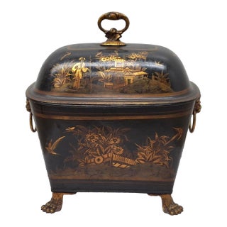 English Regency Tole Chinoiserie Decorated Lidded Fuel Bin, C. 1810s For Sale