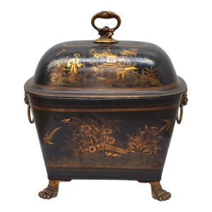 English Regency Tole Chinoiserie Decorated Lidded Fuel Bin, C. 1810s
