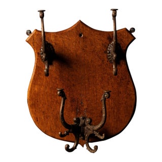 Victorian Oak Shield Wall Rack With Figural Cast-Iron Hooks For Sale