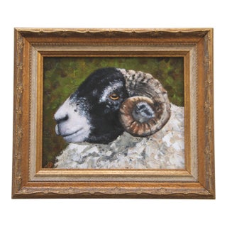 Sheep Ram Portrait English Traditional Impressionism White Black Olive Green Original Painting by Cleo Plowden For Sale