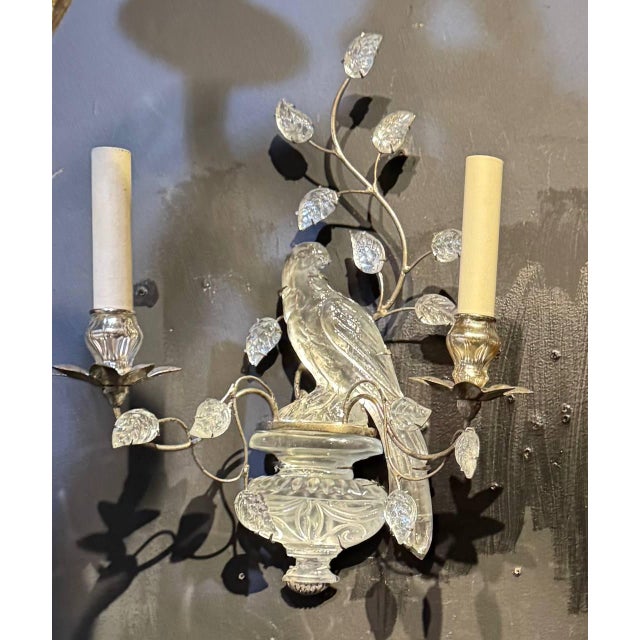1930's French Silver Leaf Sconces With Crystal Birds 2 Lights - a Pair For Sale - Image 4 of 8