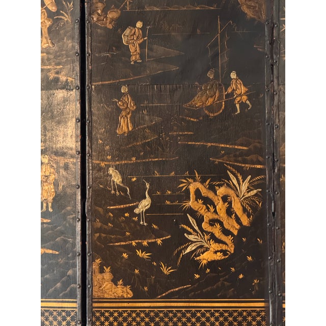Black 19th Century English Tooled Leather Chinoiserie Four-Panel Folding Screen For Sale - Image 8 of 9