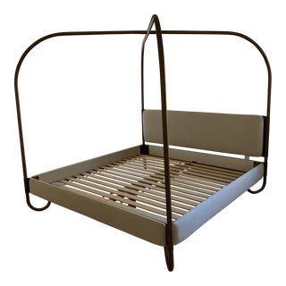 Crate & Barrel Gracia King Upholstered Canopy King Bed in Color Brass For Sale