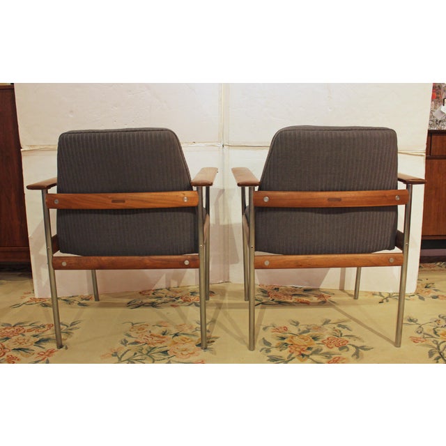 Mid-Century Modern 1960s-70s Norwegian Pair of Teak & Steel Arm Chairs For Sale - Image 3 of 5