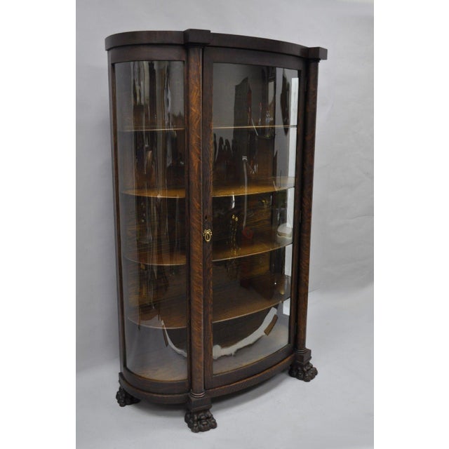Antique Oak Paw Feet Curved Triple Bow Front Glass China Cabinet
