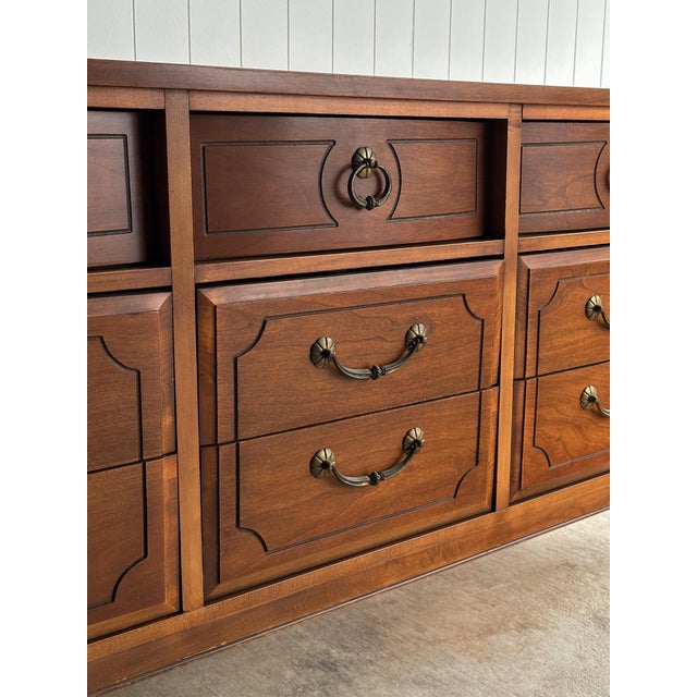 Brown Vintage Walnut Triple Dresser by Ward Furniture, C. 1970s For Sale - Image 8 of 18