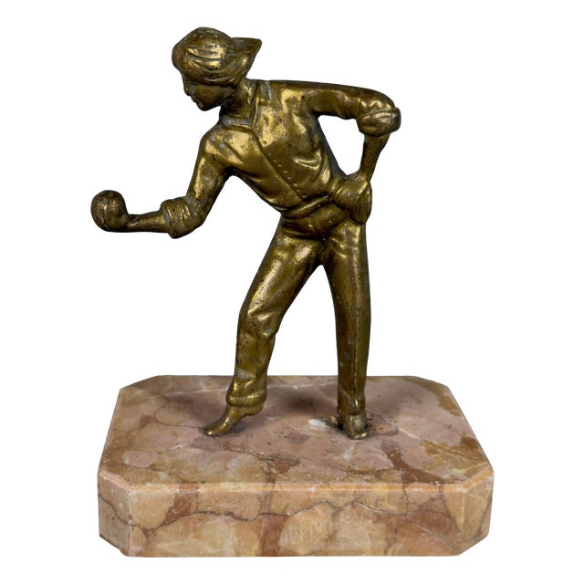Vintage 20th Century Bocce Player in Bronze with Marble Base For Sale