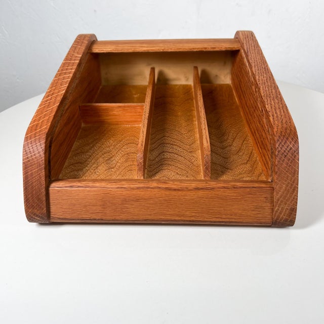 1980s Rich Oak Wood Tambour Door Sectioned Organizer Box For Sale - Image 10 of 13