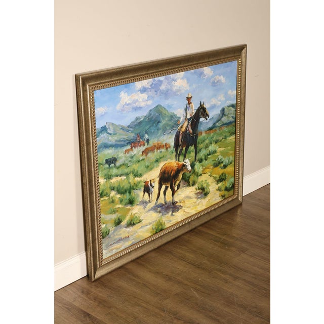 American Late 20th Century Western Cowboy on Horse Oil Painting on Canvas 55" x 43" Signed 'S. T. Cesent' in Gold Gilt Frame For Sale - Image 3 of 18