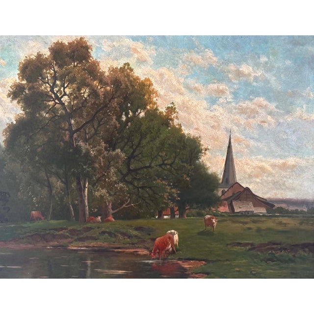Pastoral Landscape, Oil Painting on Wood Panel, Framed For Sale - Image 6 of 11