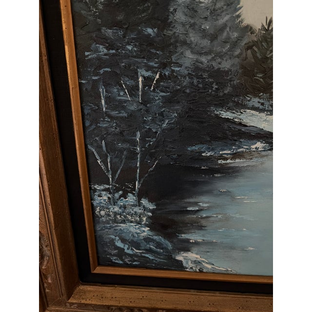 Sky Blue Size 28 X 32 Signed 1977 Original Snowy Alpine River Landscape Acrylic on Canvas in Wood Frame For Sale - Image 8 of 10