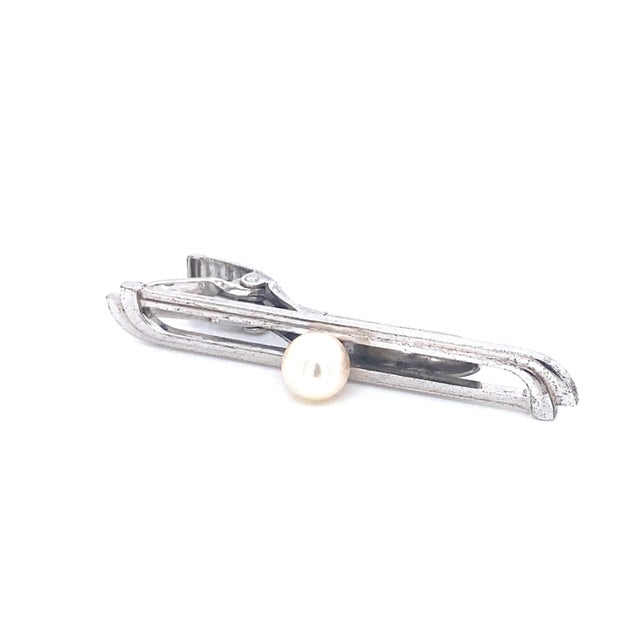 1990s Mikimoto Estate Akoya Pearl Tie Bar Sterling Silver 6.73 mm 5.91 Grams For Sale - Image 4 of 12