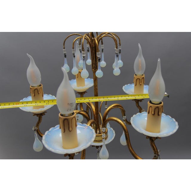 Italian Florentine Gilt Metal and White Opalescent Glass Five-Light Chandelier, 1970s For Sale - Image 15 of 18