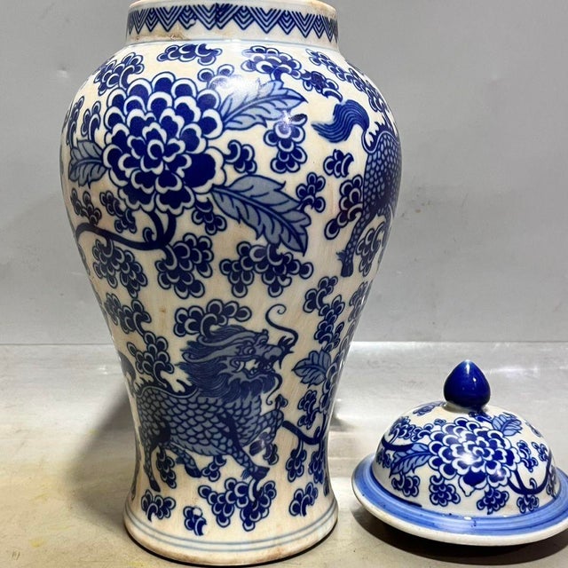 1970s Blue and White Qilin Floral Porcelain Ginger Jar, Chinoiserie Lidded Urn For Sale In New York - Image 6 of 8