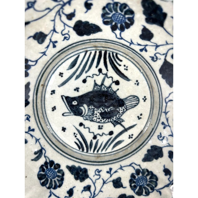 Early 20th Century 'Ming Dynasty' Hand Painted Chinese Blue and White Ceramic Deep Bowl With Fish & Flowers, Signed For Sale - Image 5 of 10