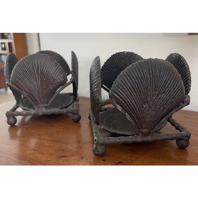 Vintage Brutalist Cast Metal Shell Candle Holders – Sculptural Organic Modern Pair For Sale - Image 10 of 11