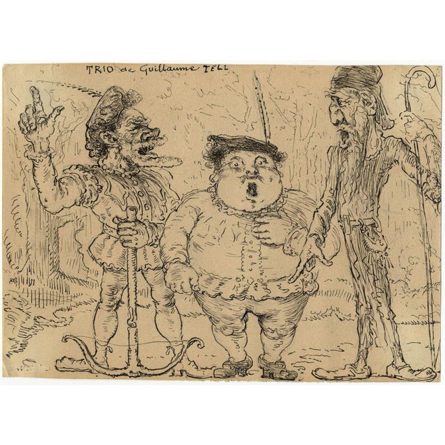 An original 1910s pen & ink drawing, G. Cervelli, William Tell Trio (Trio de Guillaume Tell) Satirical Cartoon.A fabulous...