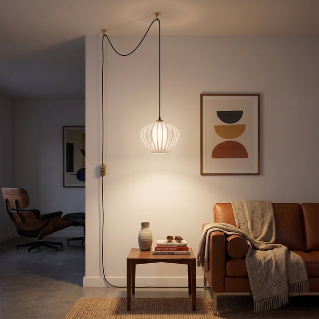 Mid-Century Modern Bloom Swag Lamp, Weathered Brass Steel, Sphere White Satin Shade, Dimmable For Sale - Image 3 of 6