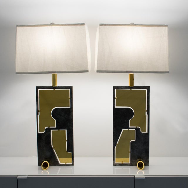 Brass Pair of Industrial Brutalist Brass and Steel Table Lamp, Circa 1980 For Sale - Image 8 of 12