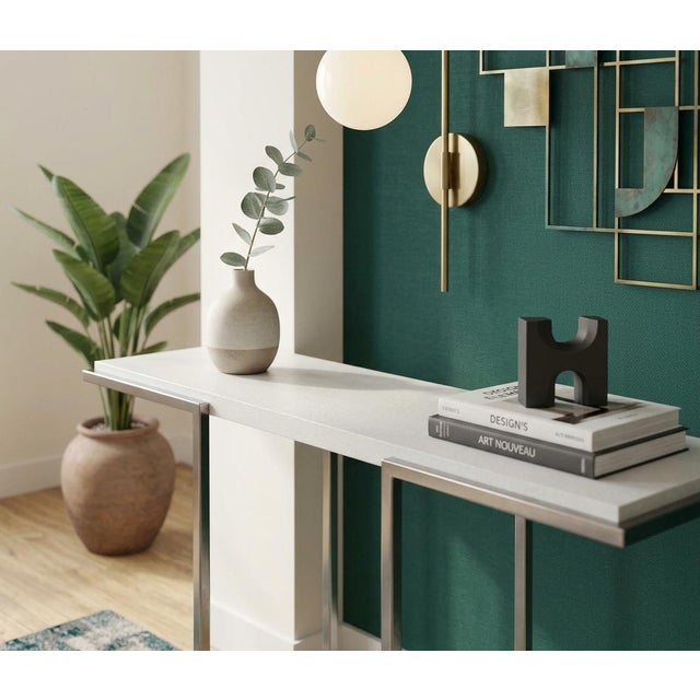 Satin-Finish Steel Console Table with Glossy Cream-White Shelf by Guy Lefèvre for Maison Jansen, 1980s For Sale - Image 6 of 10