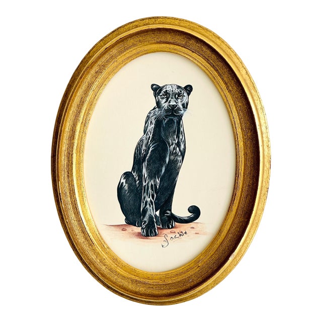 Original Hand-Painted Black Panther Painting in a Vintage Oval Frame For Sale