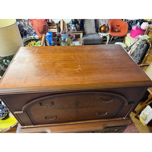 Wood 1930s Berkey and Gay Style Art Deco Mahogany Burlwood Highboy Dresser For Sale - Image 7 of 13