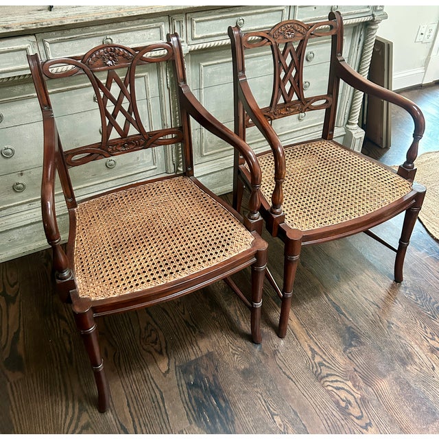 Pair of Regency Style Mahogany Armchairs With Blue and White Chinoiserie Cushions For Sale - Image 4 of 11