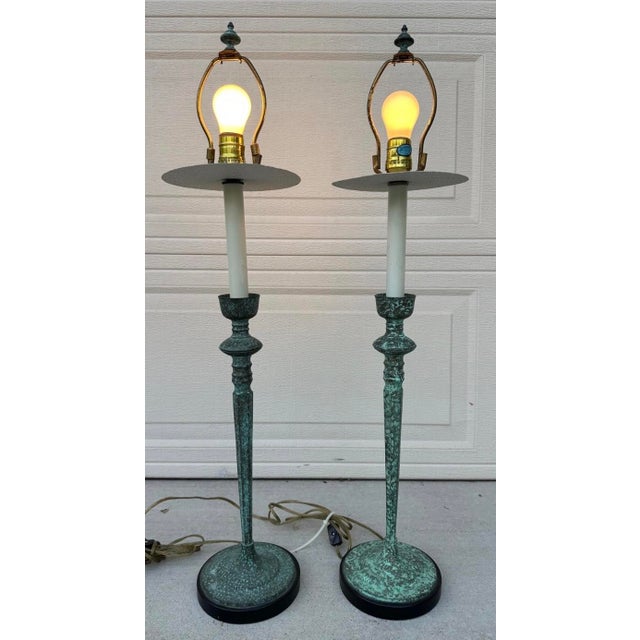 Pair of Vintage Frederick Cooper Verdigris Candlestick Buffet Table Lamps For Sale - Image 9 of 18