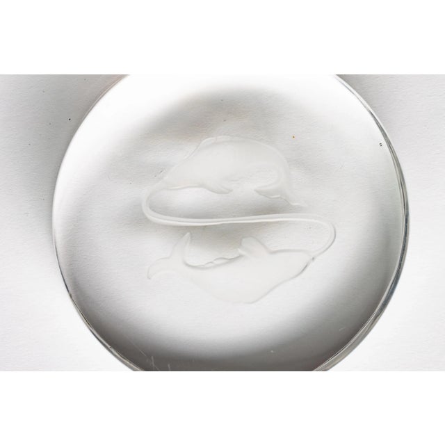 Glass Val Saint Lambert France Engraved Glass Disc Pisces Paperweight For Sale - Image 7 of 9