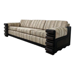 Upholstered Witco Sofa Carved Wood Tiki For Sale