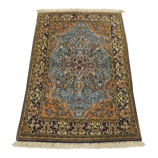 Qom Rug 3’7” X 5’3” Blue Wool Vintage Traditional Hand-Knotted Carpet For Sale
