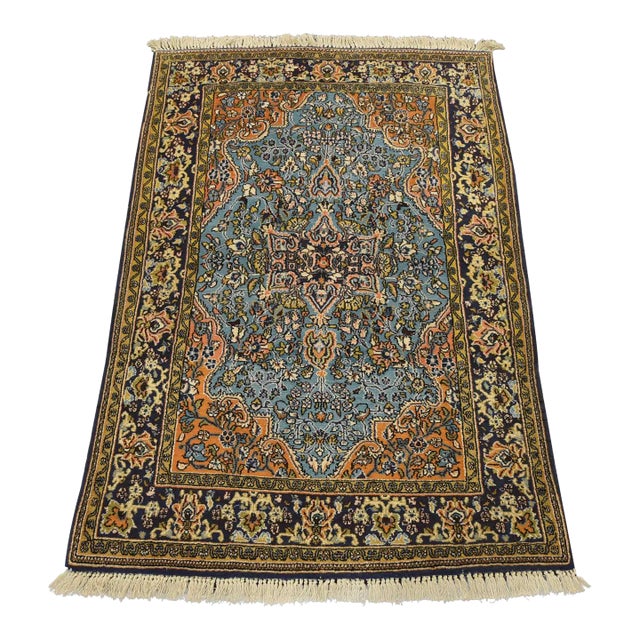 Qom Rug 3’7” X 5’3” Blue Wool Vintage Traditional Hand-Knotted Carpet For Sale