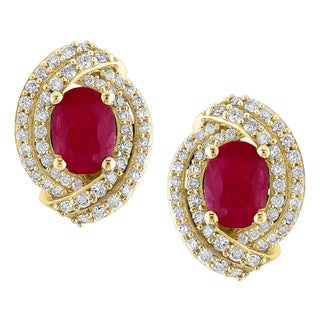 3.5 Carat Oval Natural Ruby & 1.2 Ct Diamond Stud Earrings 14 Karat Yellow Gold For Sale